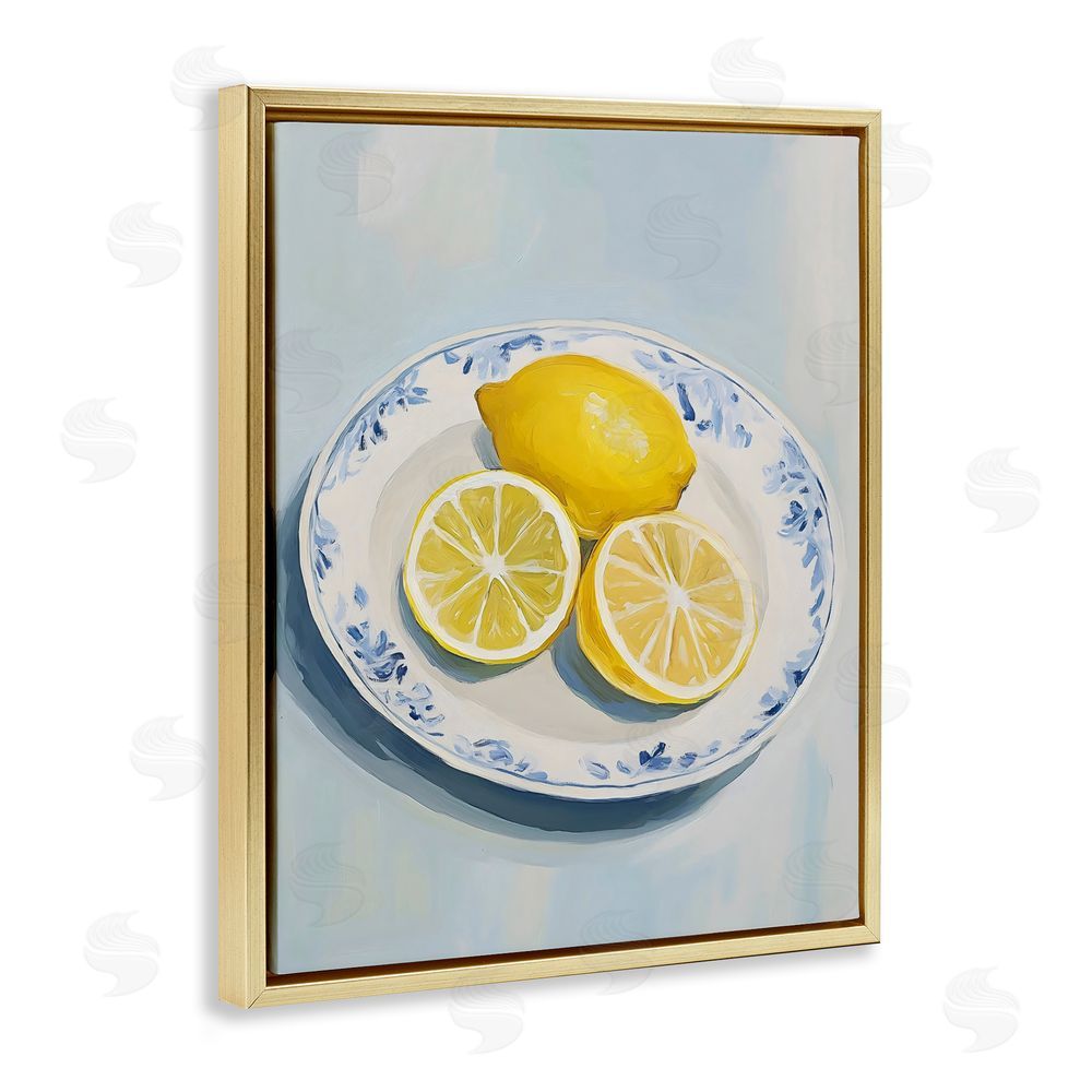The Prints Vibe Plate of Juicy Lemons Gold Floating Framed Canvas Wall Art
