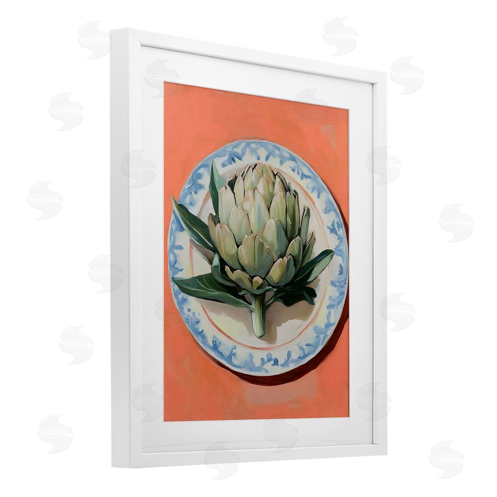 The Prints Vibe Retro Artichoke over Orange White Framed Print Under Glass Wall Art