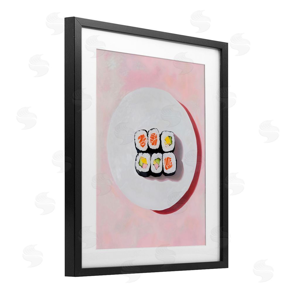 The Prints Vibe Sushi Rolls on Plate Black Framed Print Under Glass with White Mat Wall Art