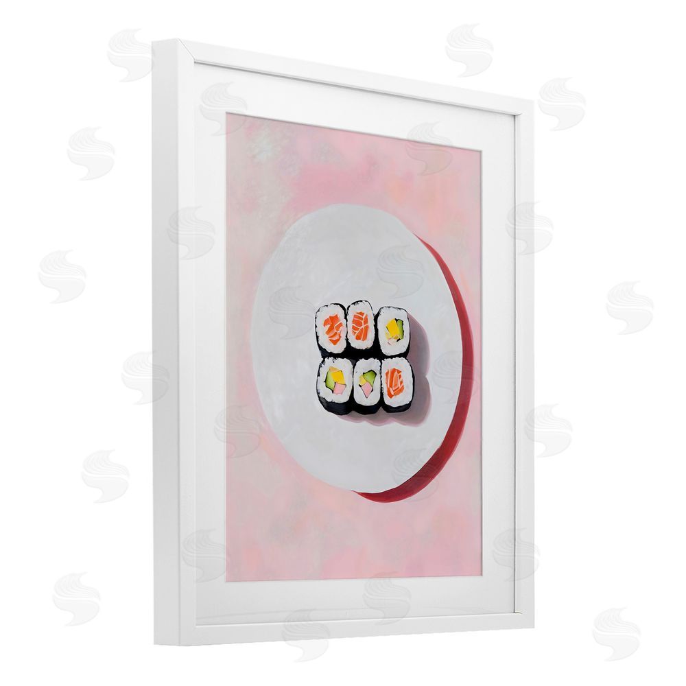 The Prints Vibe Sushi Rolls on Plate White Framed Print Under Glass with White Mat Wall Art
