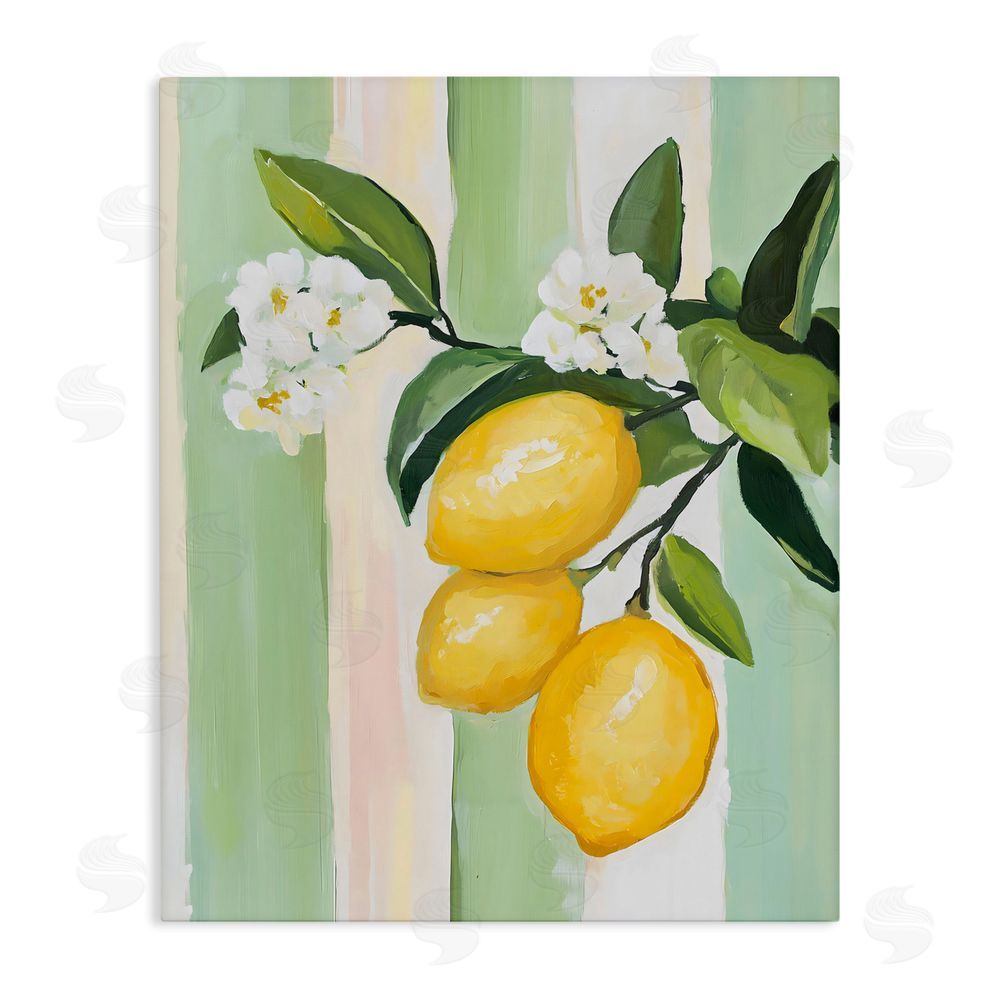 The Prints Vibe Lemons & Flowers on Stripes Stretched Canvas Wall Art