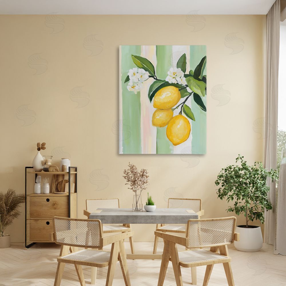 The Prints Vibe Lemons & Flowers on Stripes Stretched Canvas Wall Art in Room