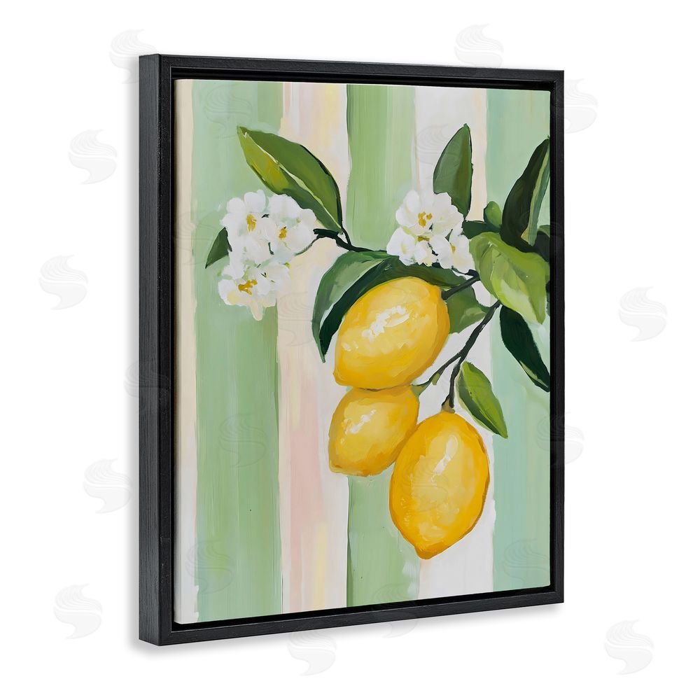 The Prints Vibe Lemons & Flowers on Stripes Black Floating Framed Canvas Wall Art