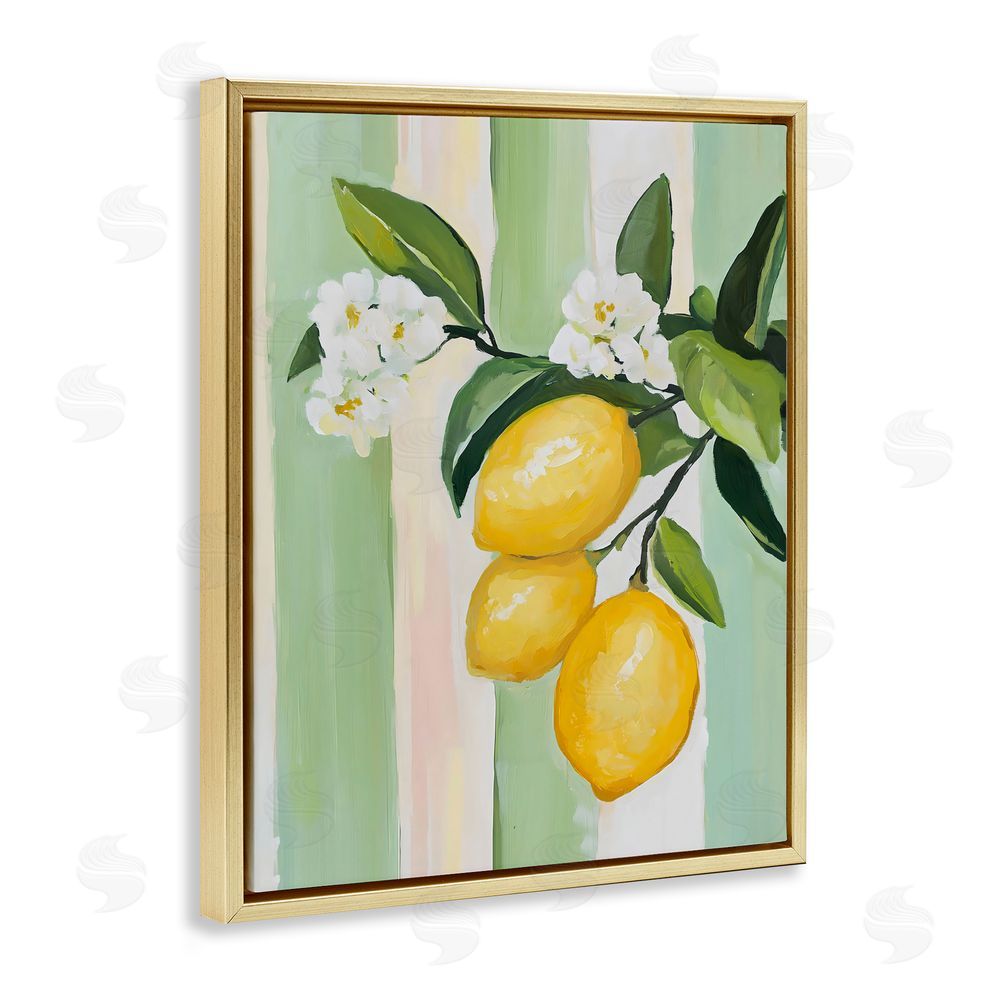 The Prints Vibe Lemons & Flowers on Stripes Gold Floating Framed Canvas Wall Art