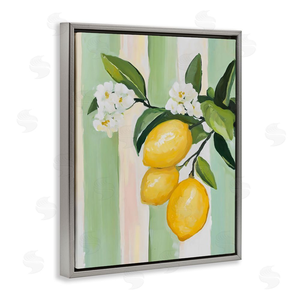 The Prints Vibe Lemons & Flowers on Stripes Gray Floating Framed Canvas Wall Art