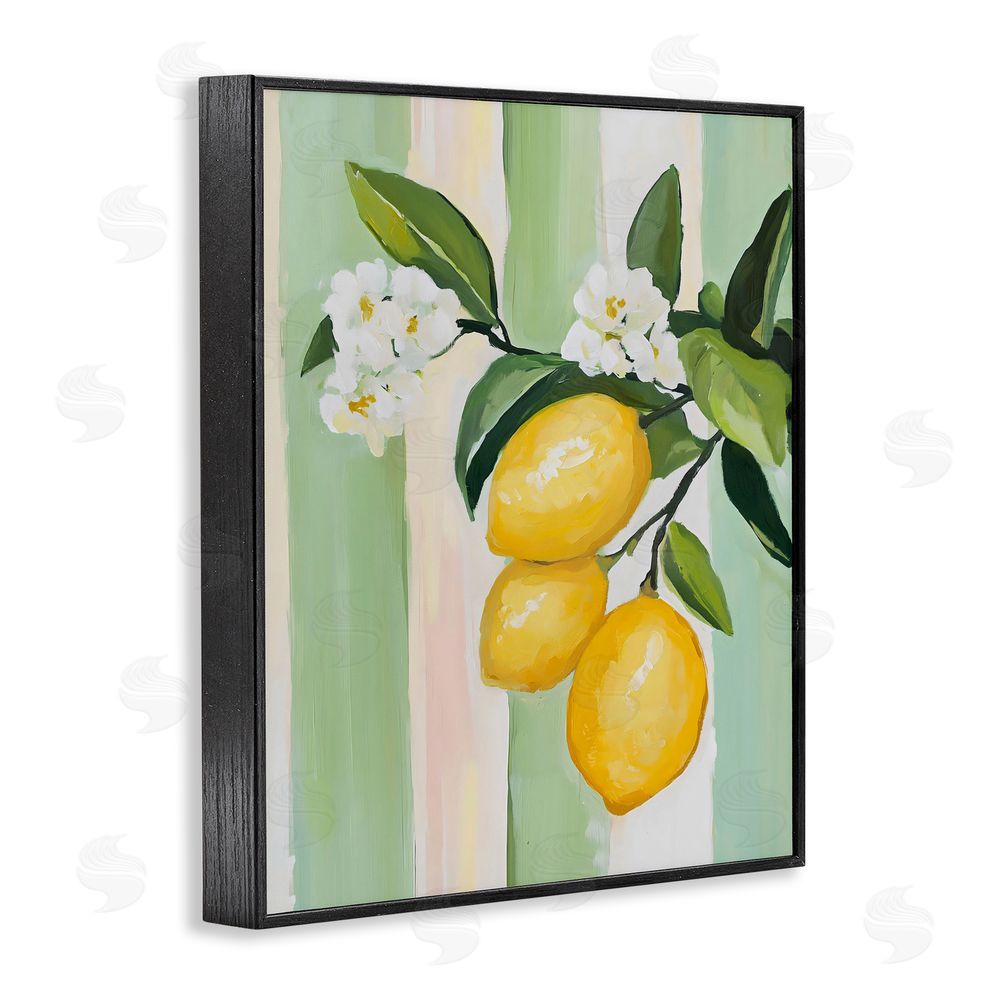 The Prints Vibe Lemons & Flowers on Stripes Black Framed Giclee Wall Art