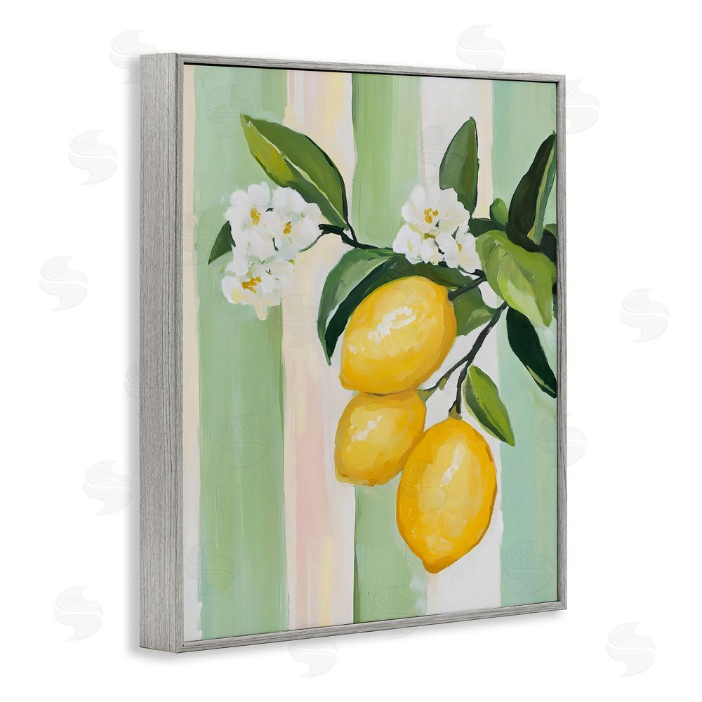 The Prints Vibe Lemons & Flowers on Stripes Gray Framed Giclee Wall Art
