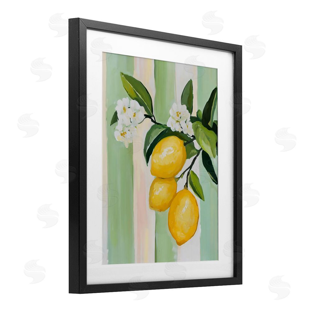 The Prints Vibe Lemons & Flowers on Stripes Black Framed Print Under Glass Wall Art