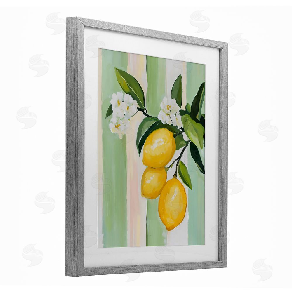 The Prints Vibe Lemons & Flowers on Stripes Gray Framed Print Under Glass Wall Art