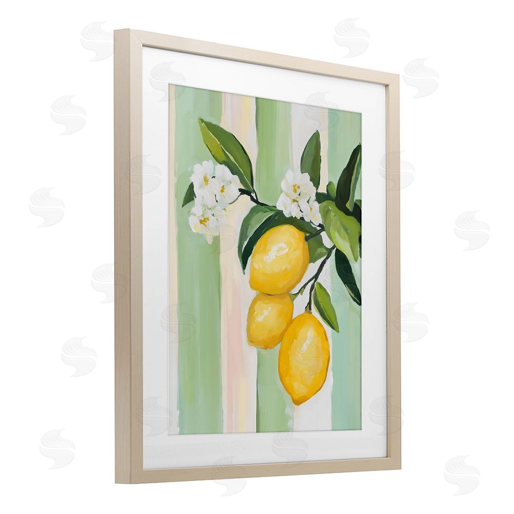 The Prints Vibe Lemons & Flowers on Stripes Brown Framed Print Under Glass Wall Art
