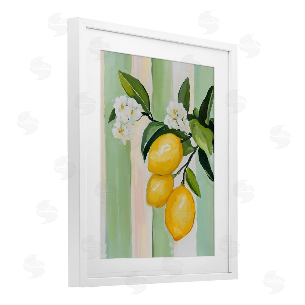 The Prints Vibe Lemons & Flowers on Stripes White Framed Print Under Glass Wall Art