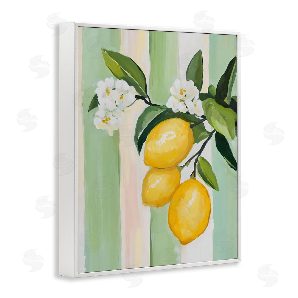 The Prints Vibe Lemons & Flowers on Stripes White Framed Giclee Wall Art