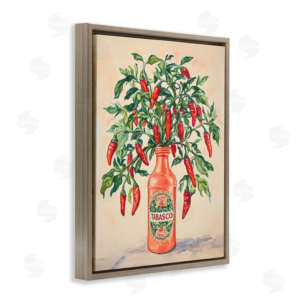 The Prints Vibe Chili Peppers in Hot Sauce Vase Brown Floating Frame Canvas Wall Art Print
