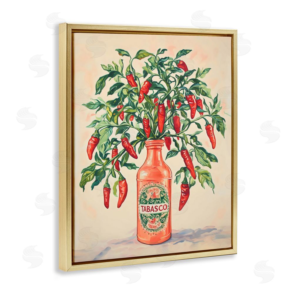 The Prints Vibe Chili Peppers in Hot Sauce Vase Gold Floating Frame Canvas Wall Art Print