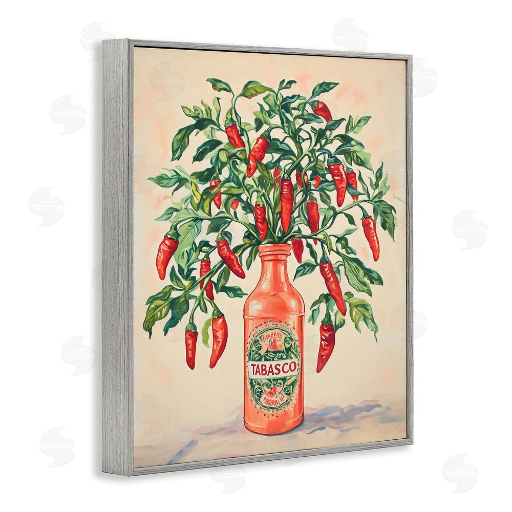 The Prints Vibe Chili Peppers in Hot Sauce Vase Gray Framed Giclee Wall Art Print
