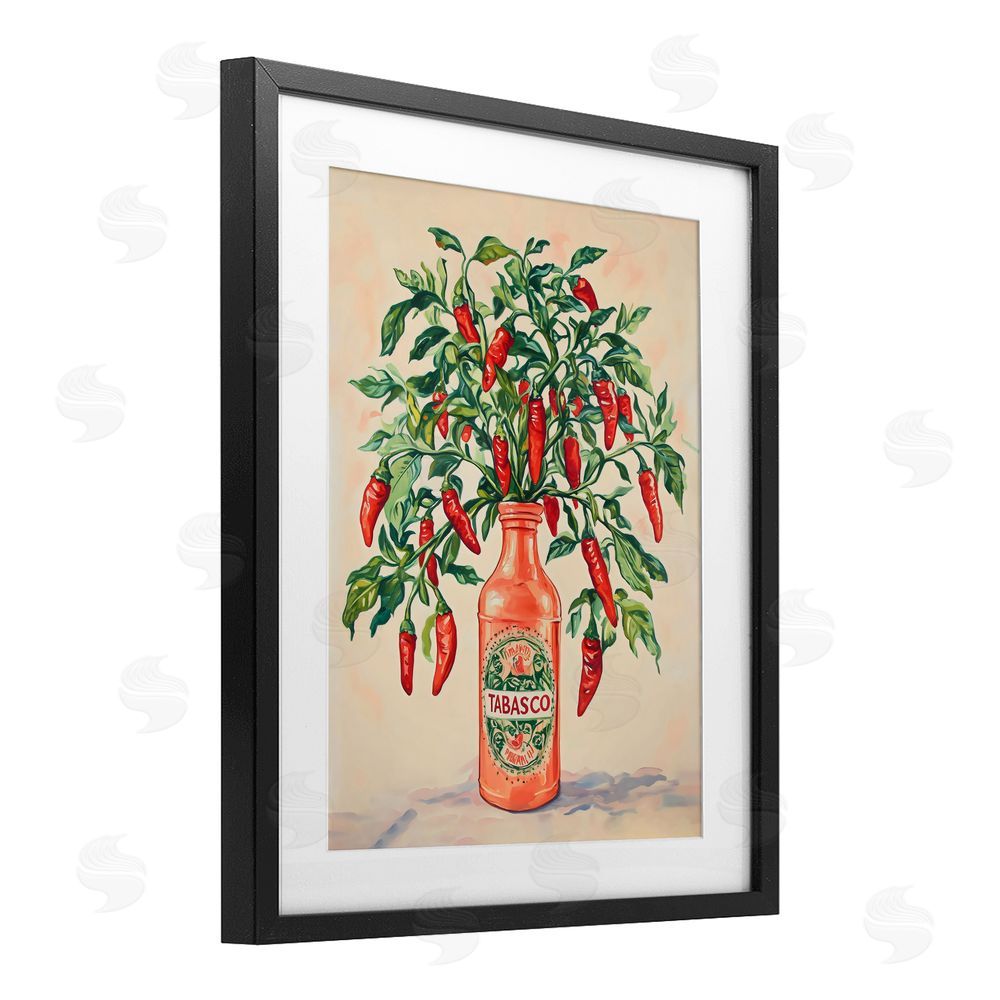 The Prints Vibe Chili Peppers in Hot Sauce Vase Black Framed Print Under Glass Wall Art