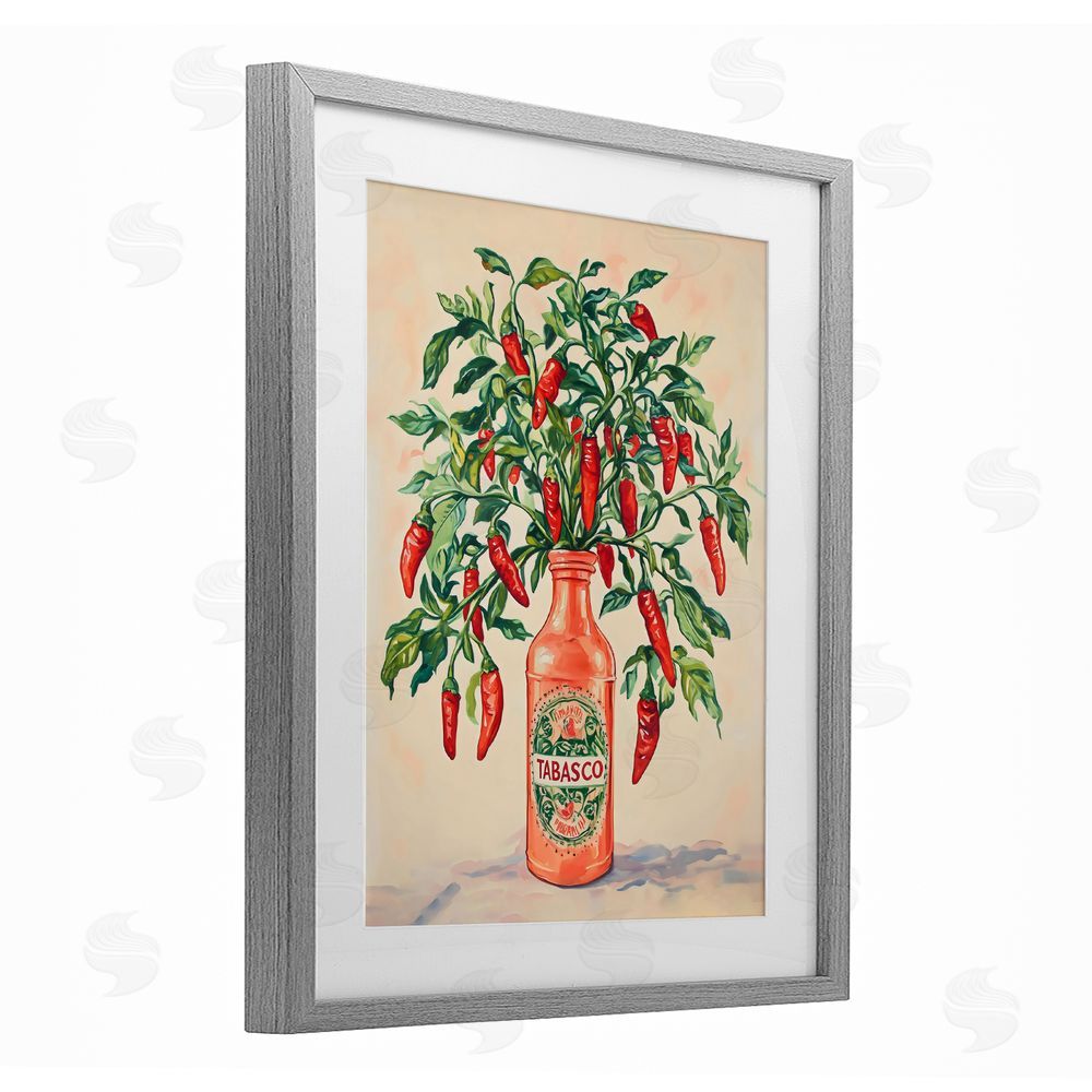 The Prints Vibe Chili Peppers in Hot Sauce Vase Gray Framed Print Under Glass Wall Art