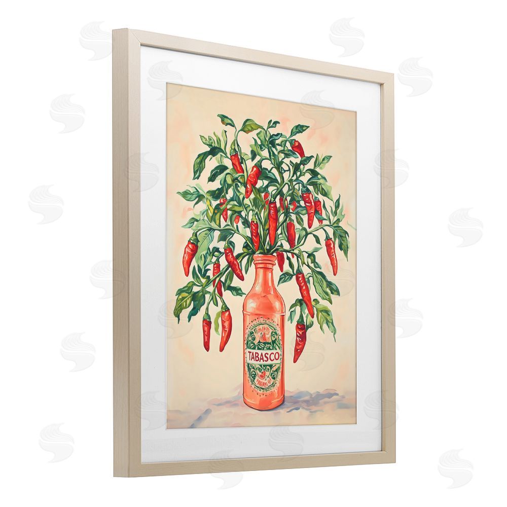 The Prints Vibe Chili Peppers in Hot Sauce Vase Brown Framed Print Under Glass Wall Art