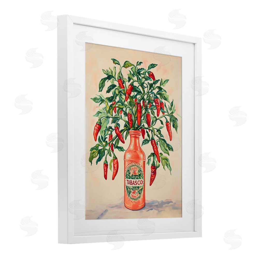 The Prints Vibe Chili Peppers in Hot Sauce Vase White Framed Print Under Glass Wall Art