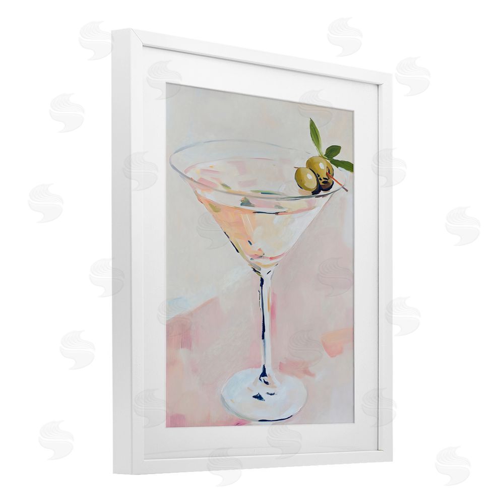 The Prints Vibe Pastel Martini with Olive Garnish White Framed Print Under Glass Wall Art