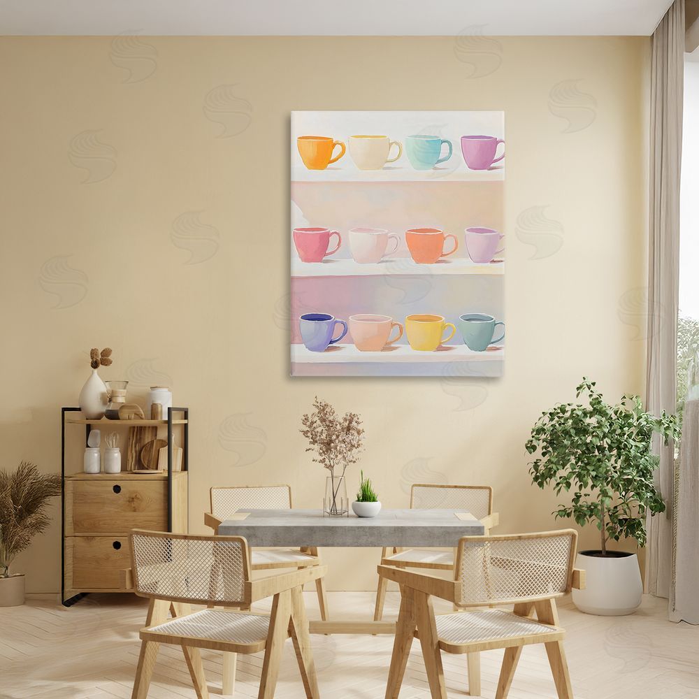 The Prints Vibe Rows of Pastel Teacups Stretched Canvas Wall Art in Room