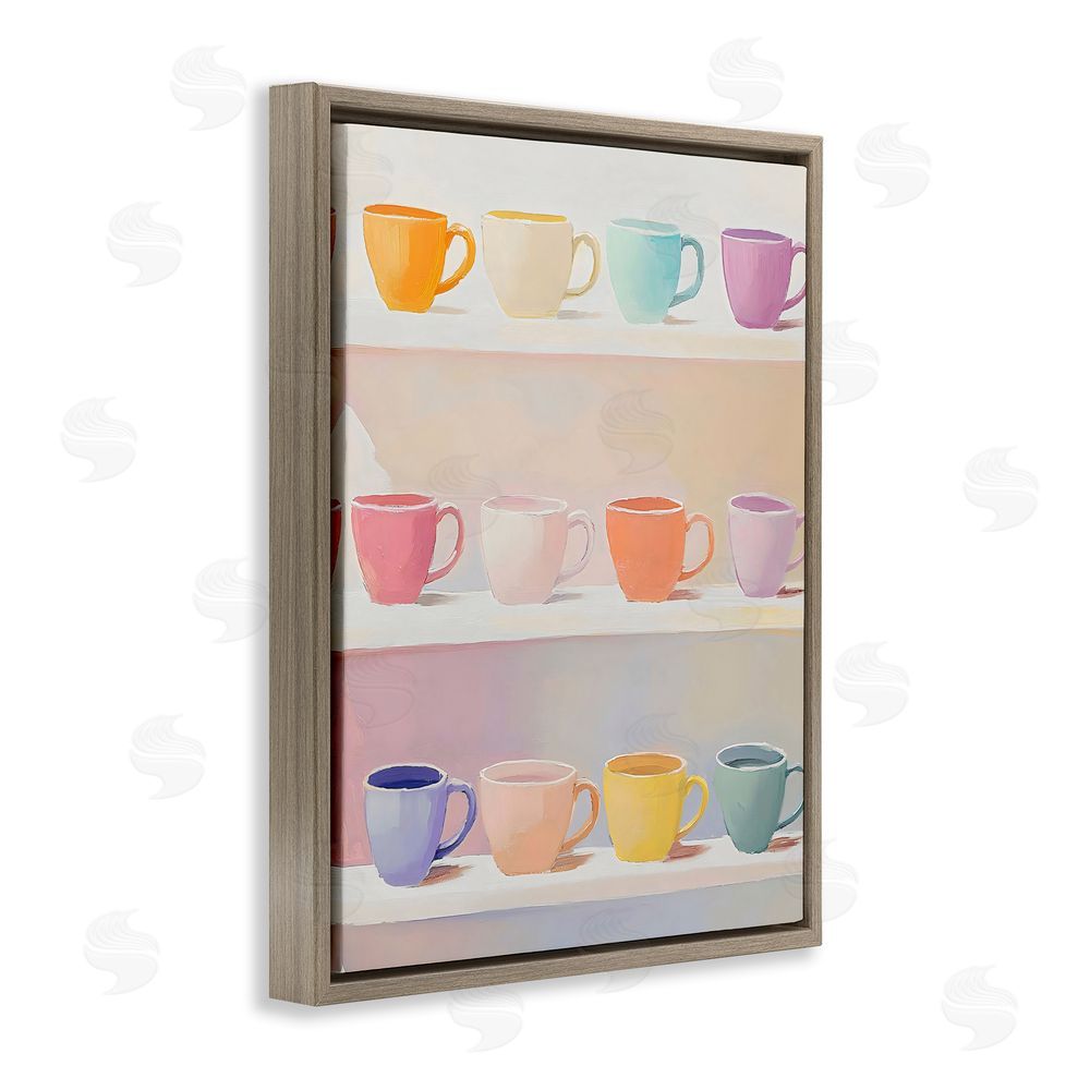 The Prints Vibe Rows of Pastel Teacups Brown Floating Framed Canvas Wall Art