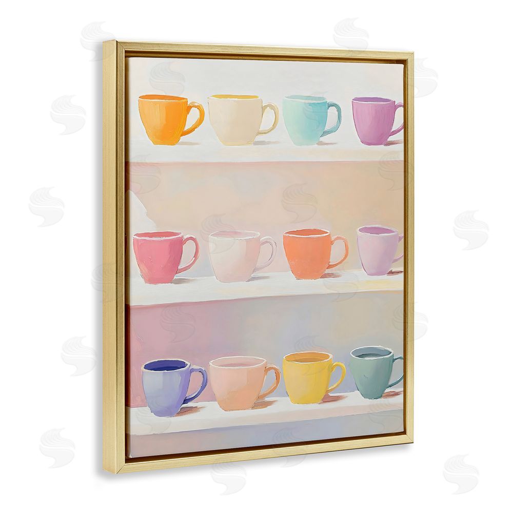 The Prints Vibe Rows of Pastel Teacups Gold Floating Framed Canvas Wall Art