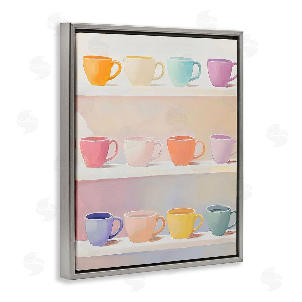 The Prints Vibe Rows of Pastel Teacups Gray Floating Framed Canvas Wall Art