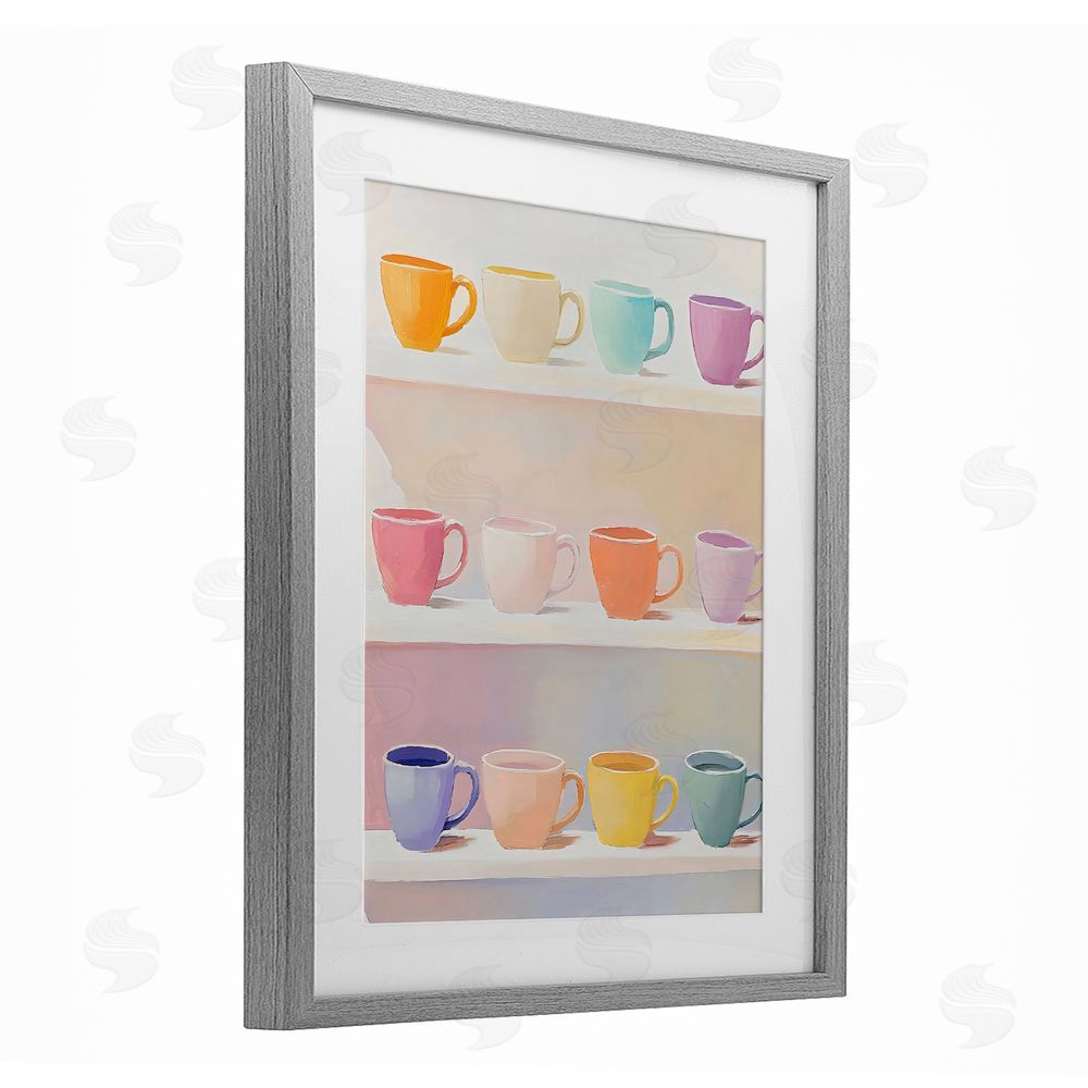 The Prints Vibe Rows of Pastel Teacups Gray Framed Print Under Glass Wall Art
