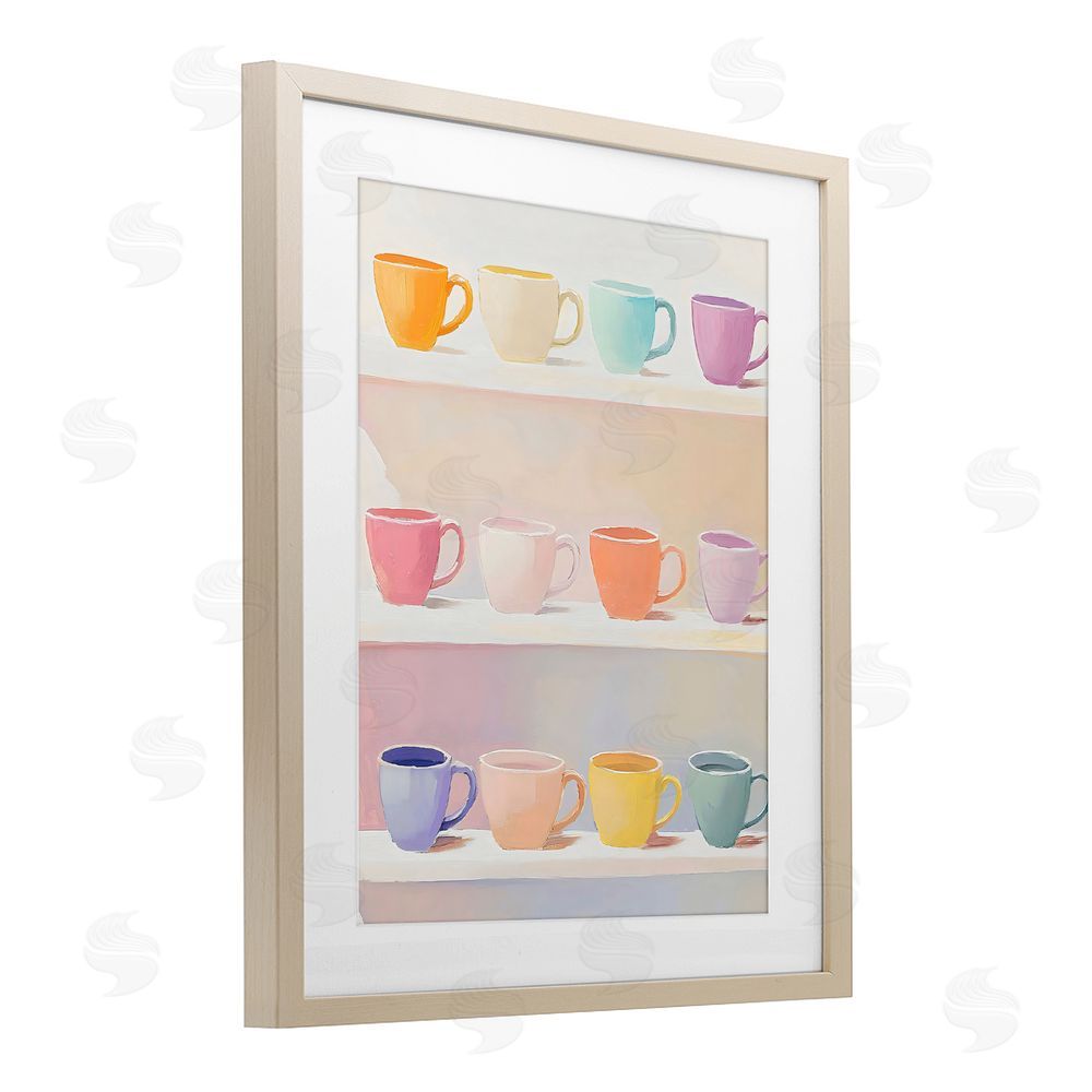 The Prints Vibe Rows of Pastel Teacups Brown Framed Print Under Glass Wall Art