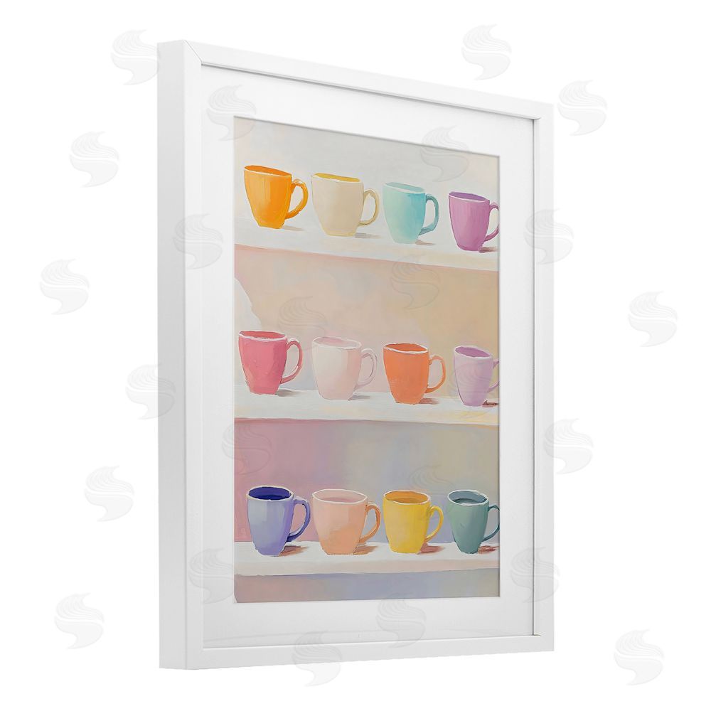 The Prints Vibe Rows of Pastel Teacups White Framed Print Under Glass Wall Art