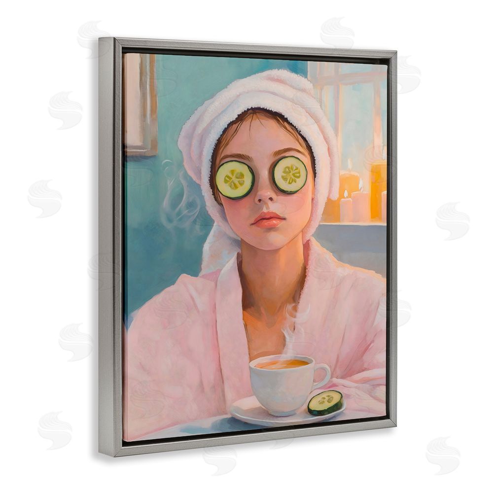 The Prints Vibe Spa Day Cucumber Self Care Gray Floating Framed Canvas Wall Art Print