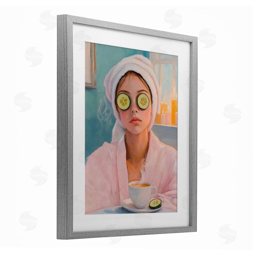 The Prints Vibe Spa Day Cucumber Self Care Gray Framed Print Under Glass with White Mat Wall Art