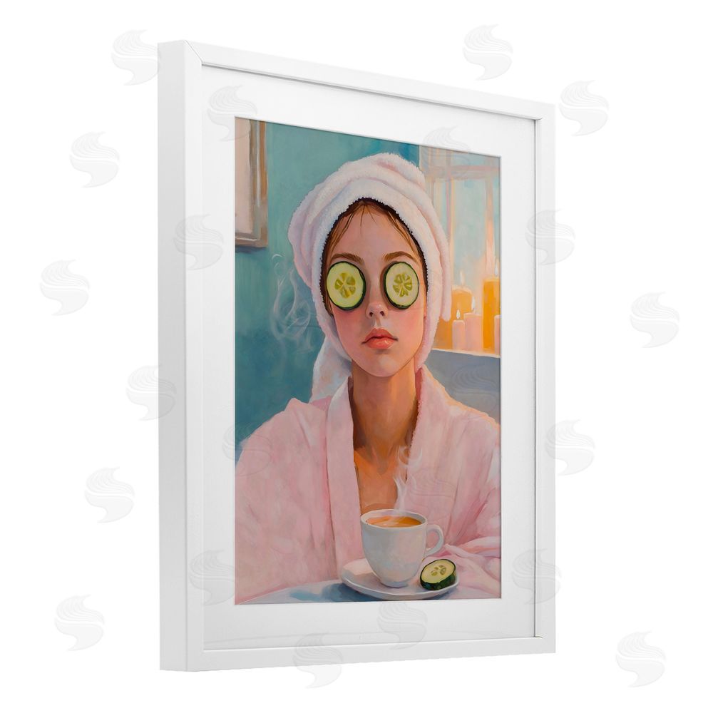 The Prints Vibe Spa Day Cucumber Self Care White Framed Print Under Glass with White Mat Wall Art