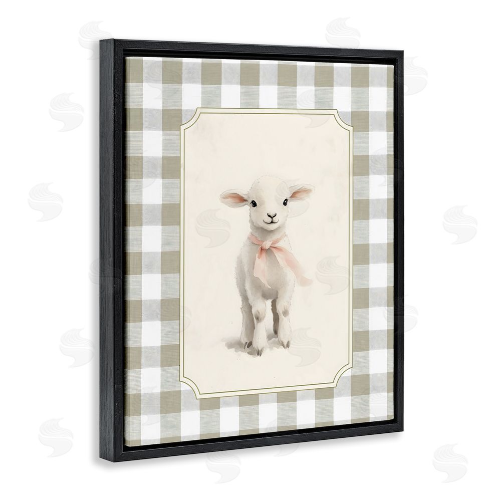 Arlington Prints Gingham Lamb with Pink Ribbon Black Floating Framed Canvas Wall Art
