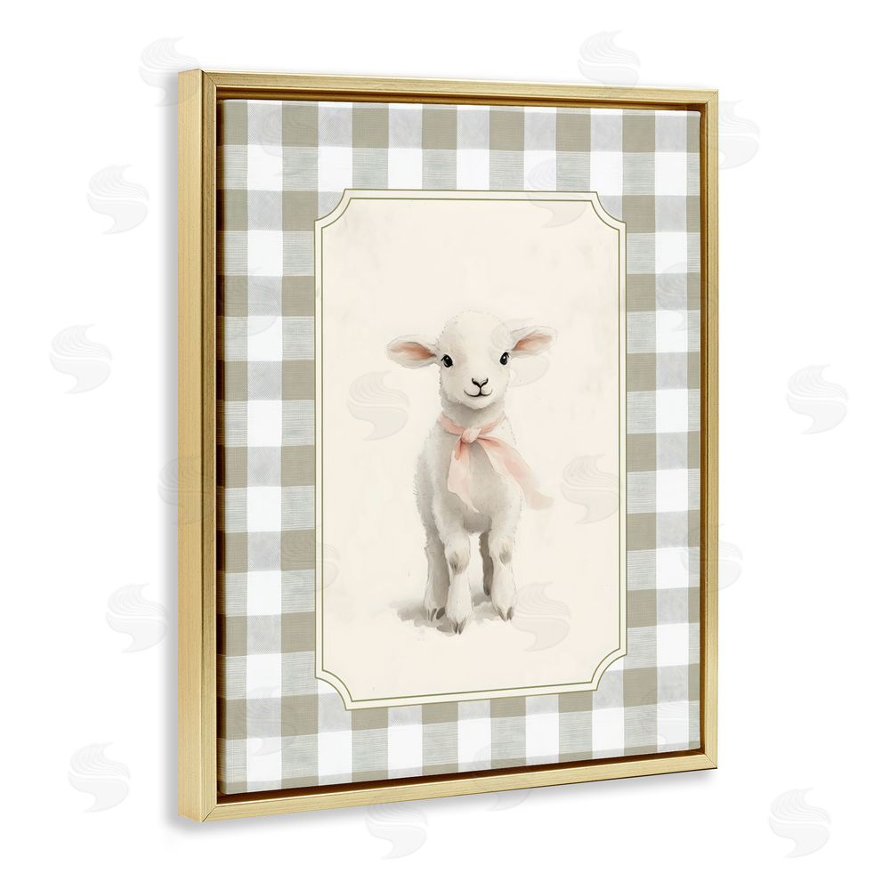 Arlington Prints Gingham Lamb with Pink Ribbon Gold Floating Framed Canvas Wall Art
