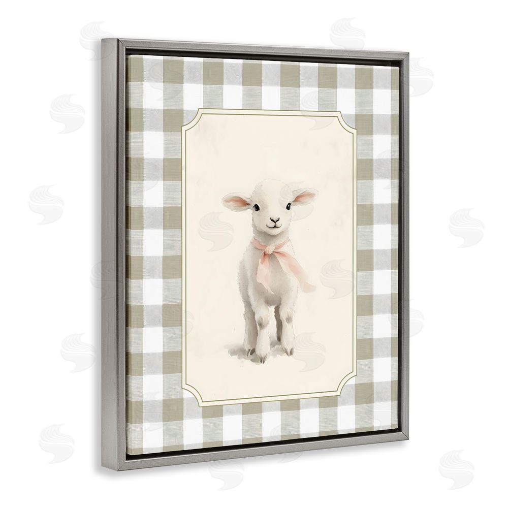 Arlington Prints Gingham Lamb with Pink Ribbon Gray Floating Framed Canvas Wall Art