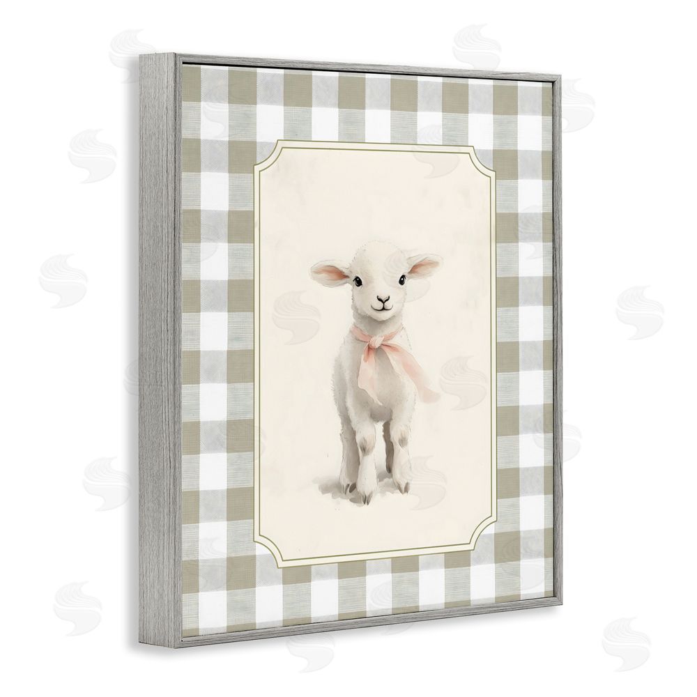 Arlington Prints Gingham Lamb with Pink Ribbon Gray Framed Giclee Wall Art