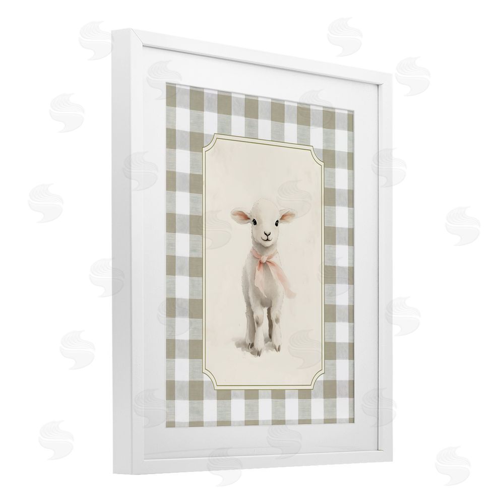 Arlington Prints Gingham Lamb with Pink Ribbon White Framed Print Under Glass Wall Art