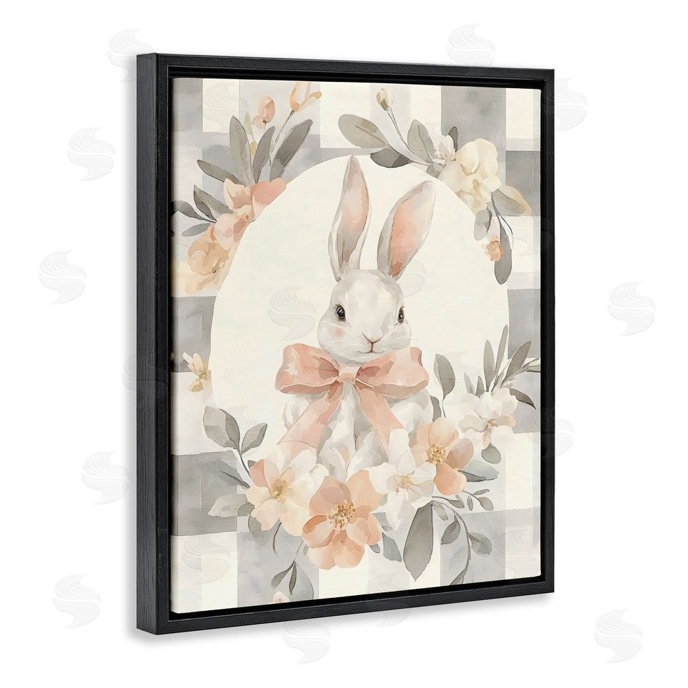 Creative Studio Adorable Bunny in Wreath Black Floating Frame Stretched Canvas Wall Art Print