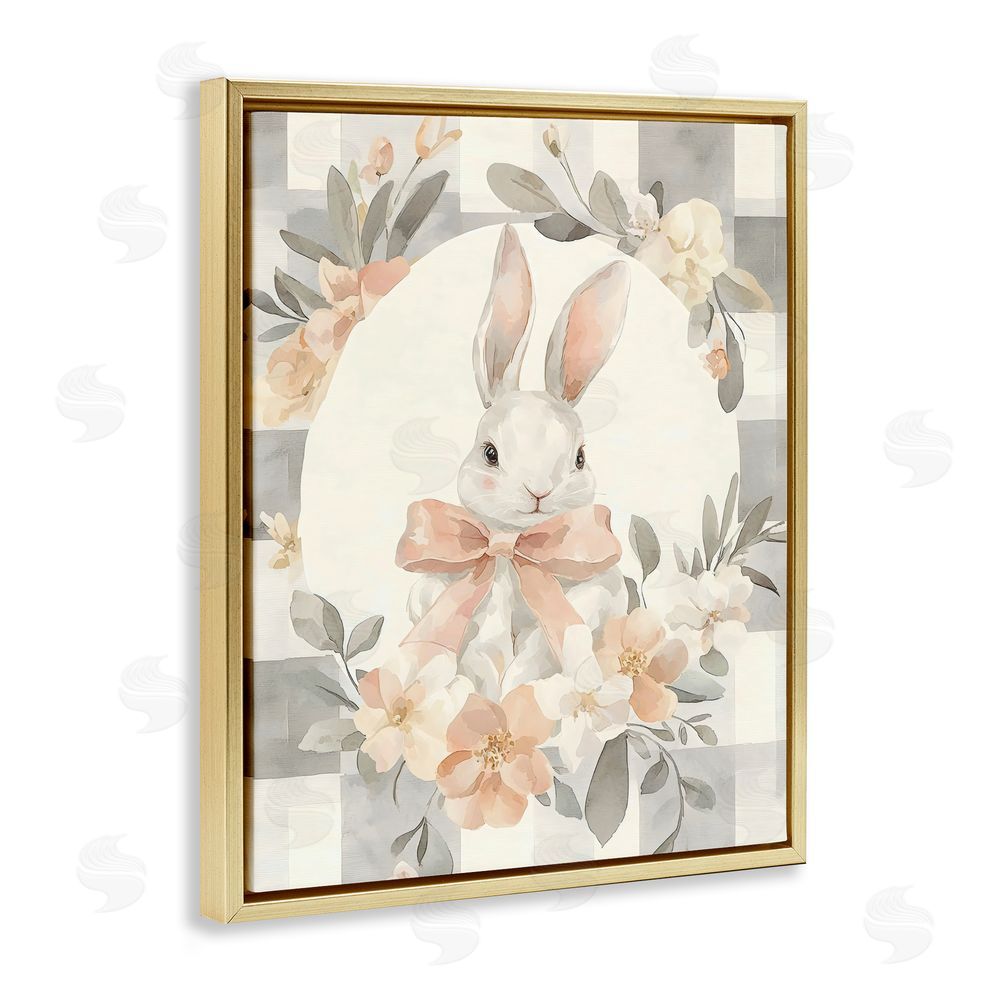 Creative Studio Adorable Bunny in Wreath Gold Floating Frame Stretched Canvas Wall Art Print