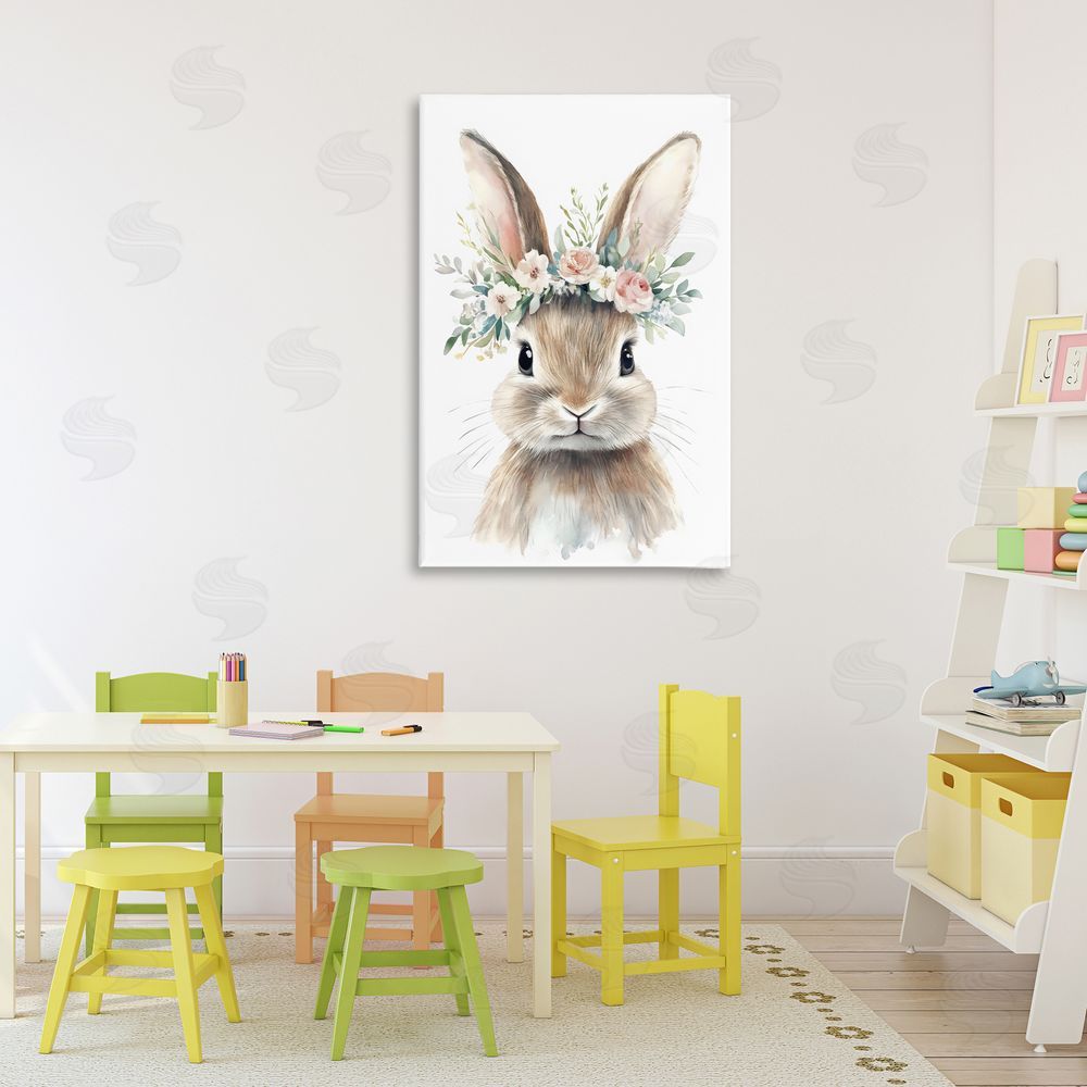 Creative Studio Flower Adorned Baby Rabbit Stretched Canvas Wall Art in Room