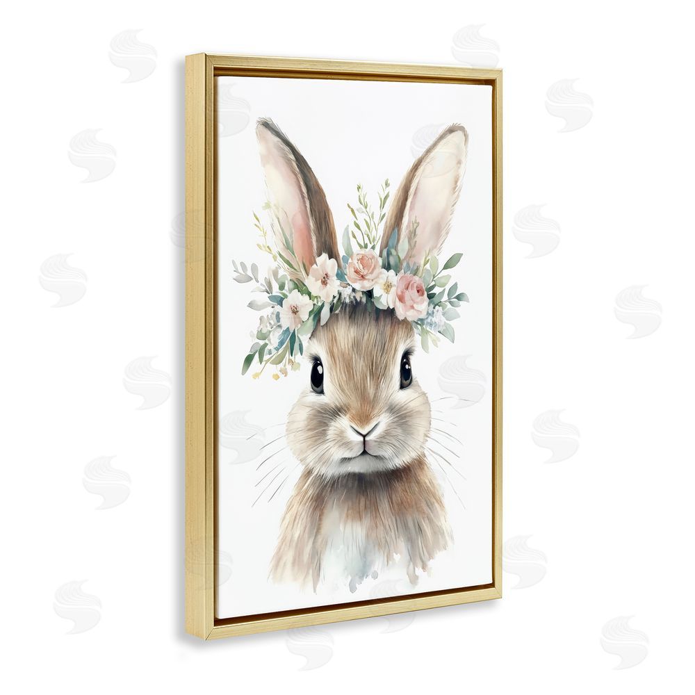 Creative Studio Flower Adorned Baby Rabbit Gold Floating Framed Canvas Wall Art