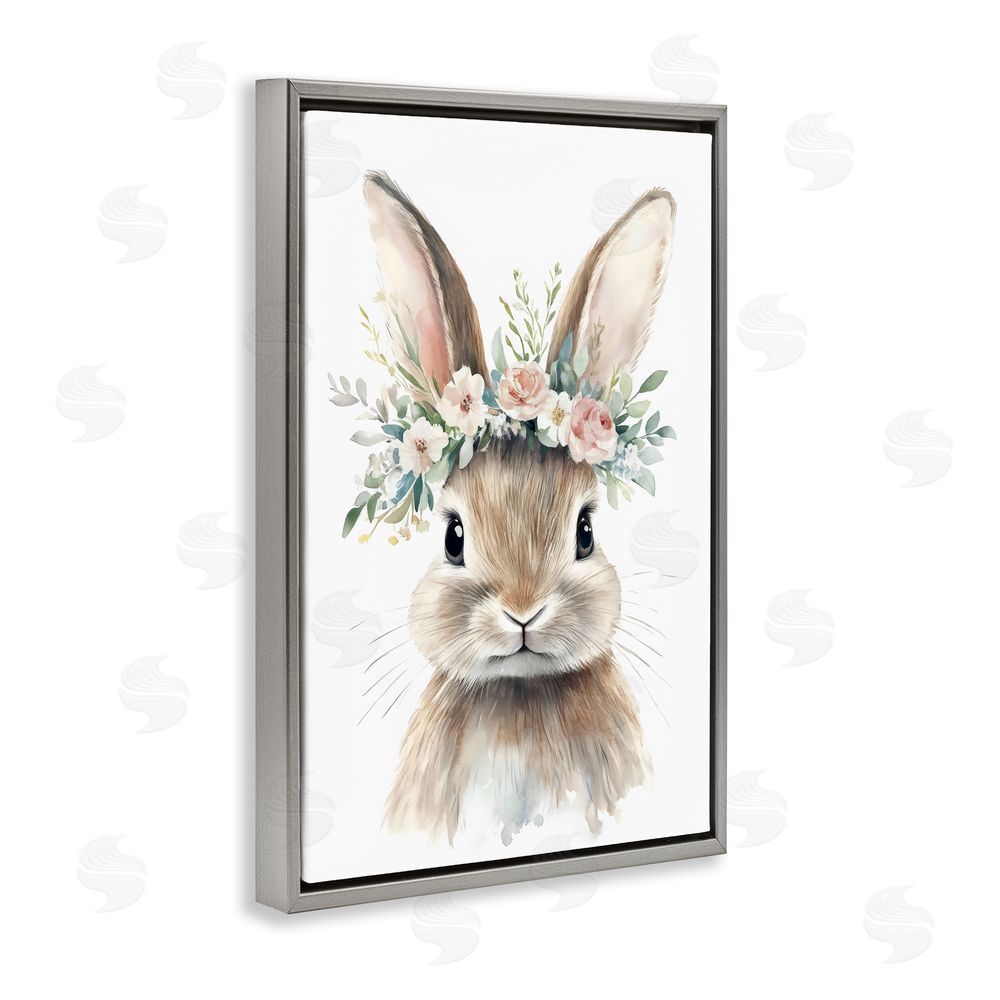 Creative Studio Flower Adorned Baby Rabbit Gray Floating Framed Canvas Wall Art