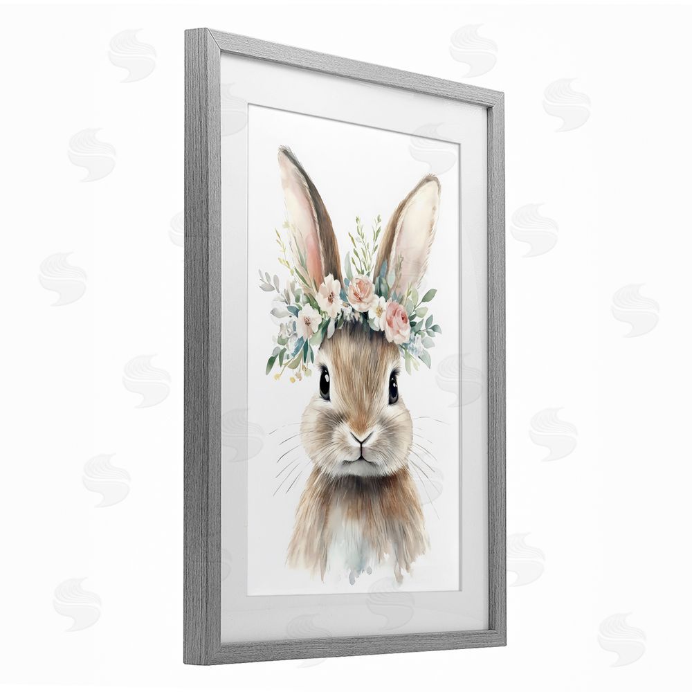 Creative Studio Flower Adorned Baby Rabbit Gray Framed Print Under Glass Wall Art