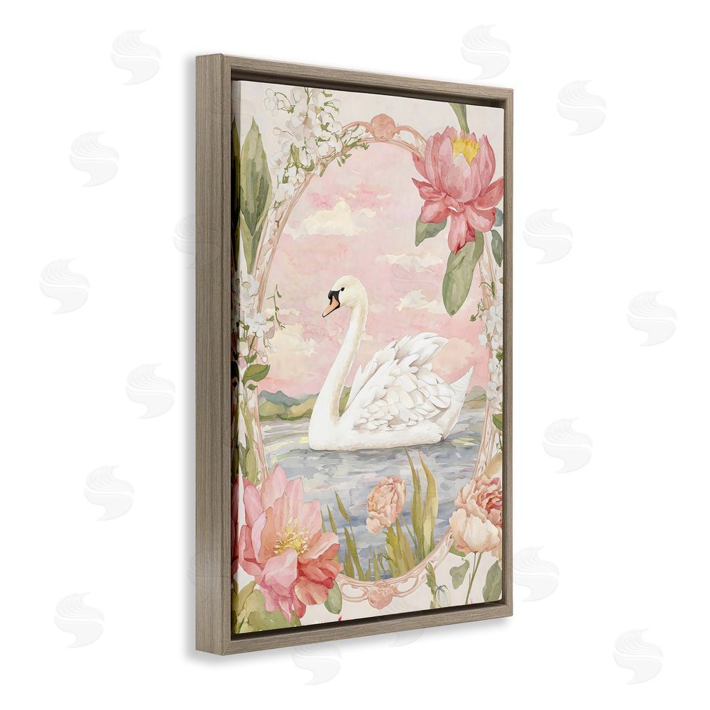 Creative Studio Floral Border Swan in Bloom Brown Floating Framed Canvas Wall Art
