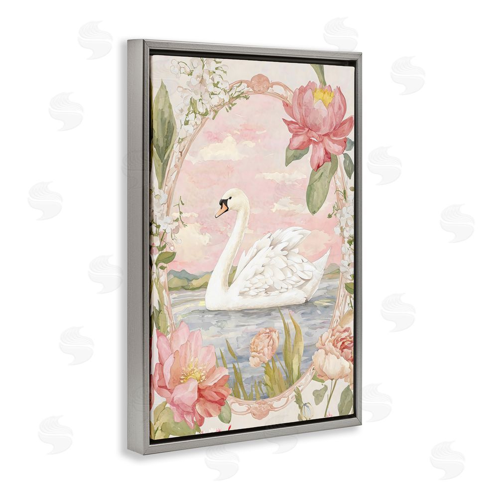 Creative Studio Floral Border Swan in Bloom Gray Floating Framed Canvas Wall Art
