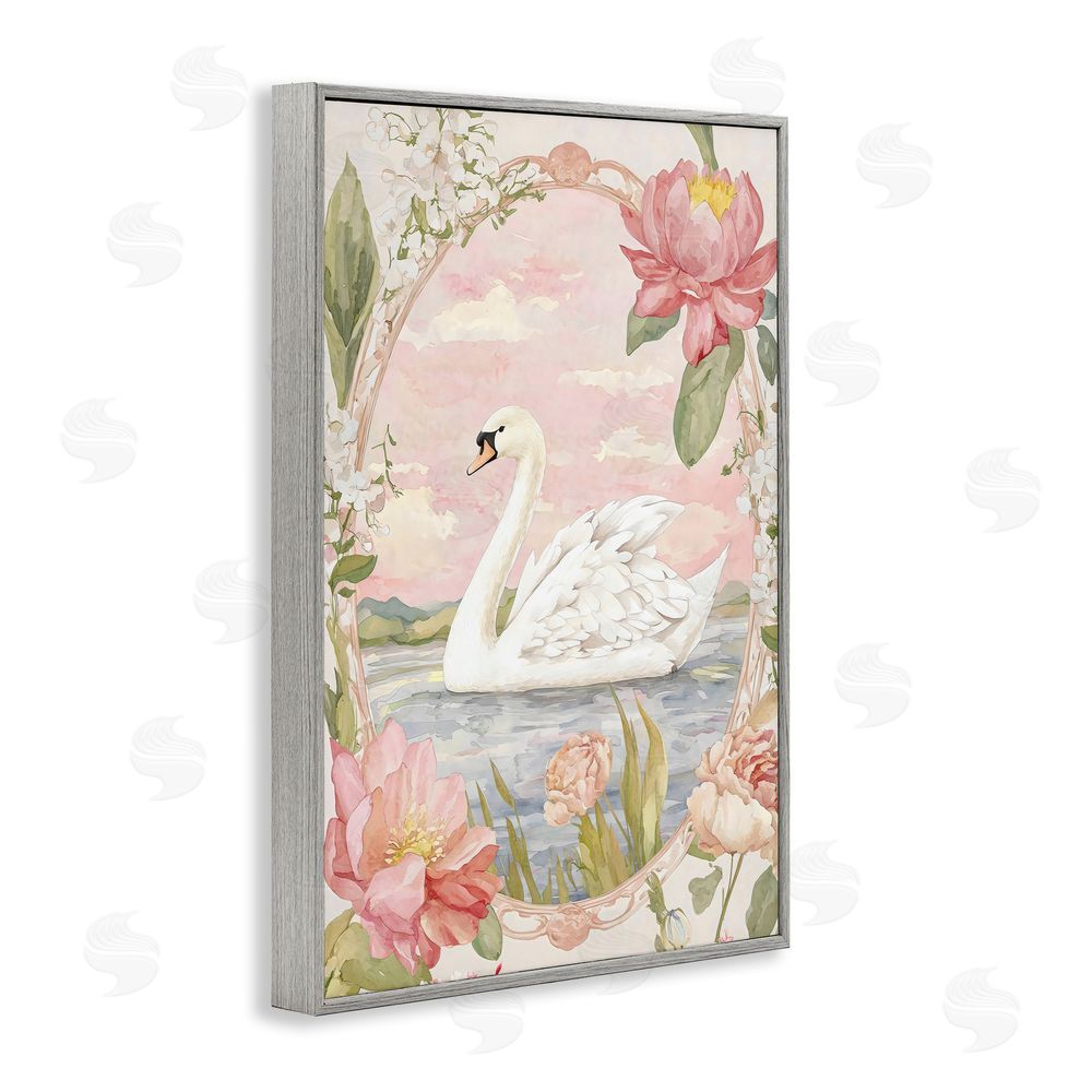 Creative Studio Floral Border Swan in Bloom Gray Framed Giclee Wall Art