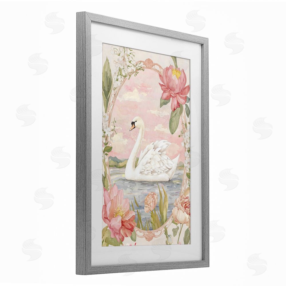 Creative Studio Floral Border Swan in Bloom Gray Framed Print Under Glass Wall Art