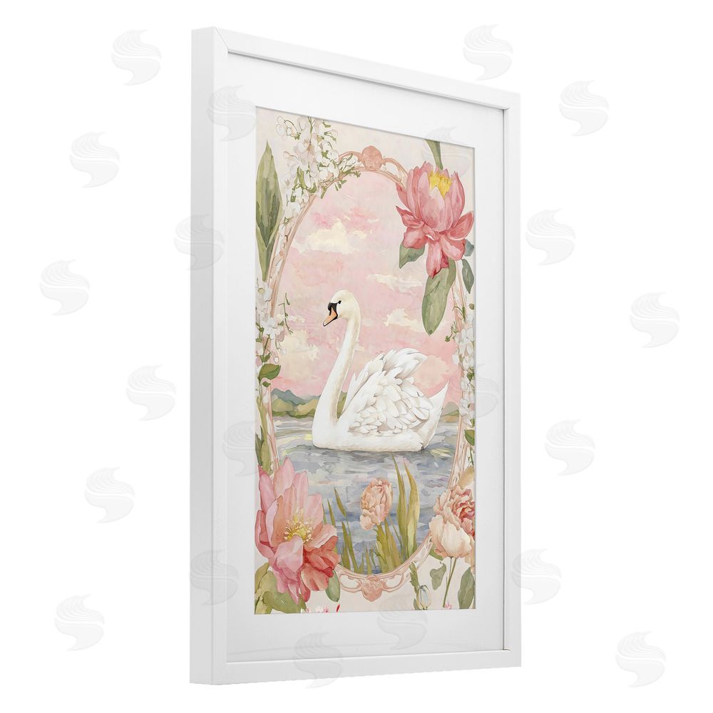 Creative Studio Floral Border Swan in Bloom White Framed Print Under Glass Wall Art